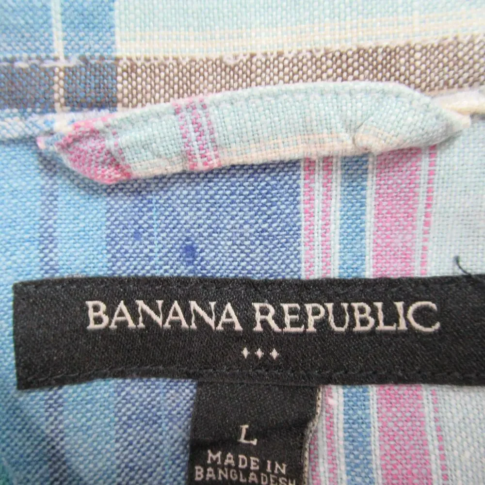 Banana Republic Shirt Mens L Blue Pink Plaid Button Up Linen Long Sleeve Preppy